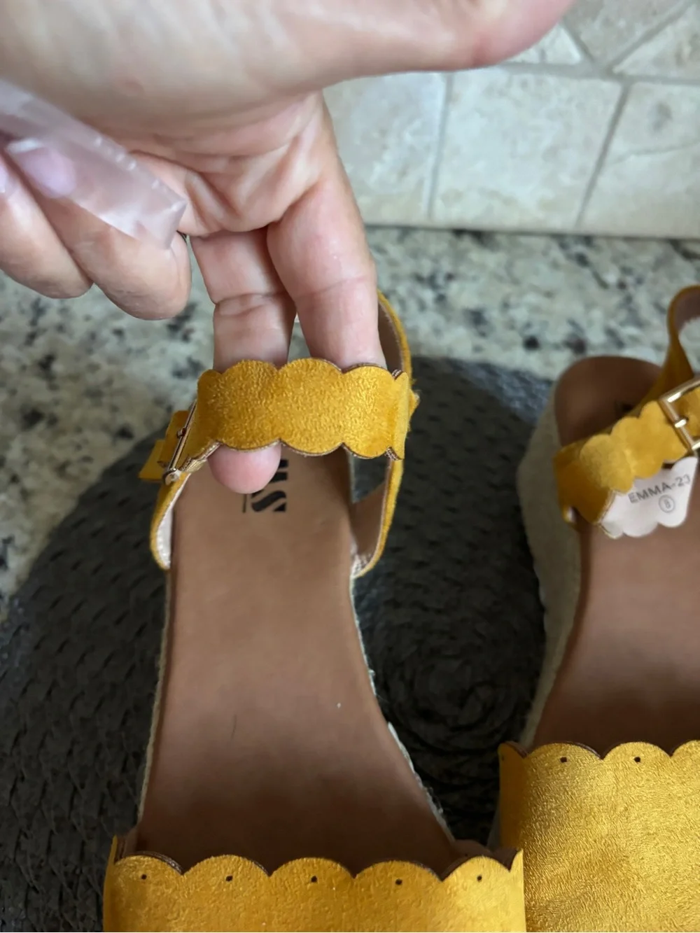 AMS Emma Mustard Yellow Platform Scallop Edged Espadrille Wedge Sandals.
